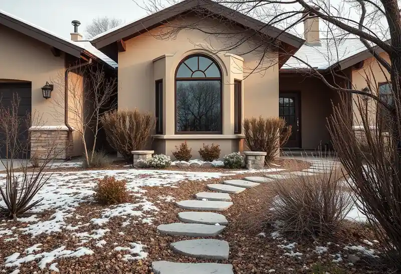 Illustration of front yard with drought-tolerant planting and a stone path, as found in 1947-era homes